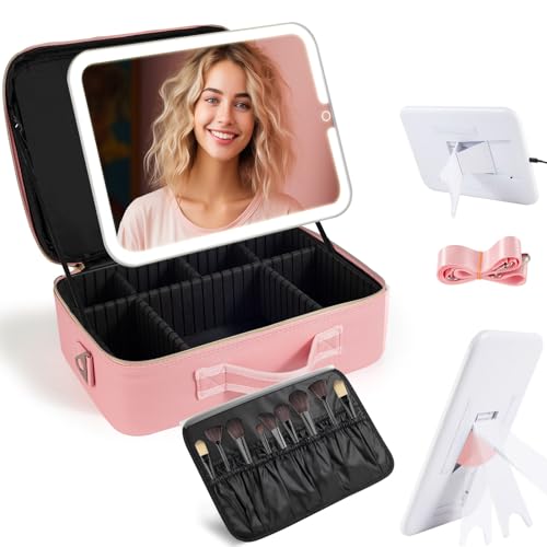 Bolsa de maquillaje de viaje grande con espejo y luz, Rosado