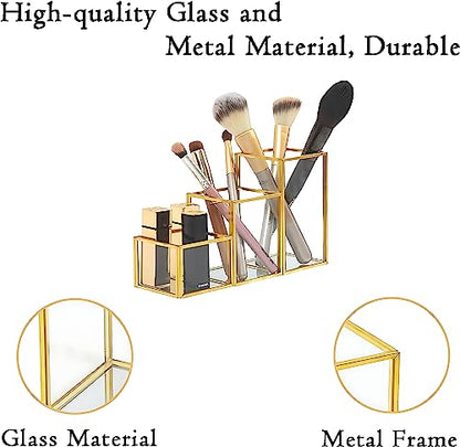 Soporte para brochas de maquillaje de vidrio con 3 compartim