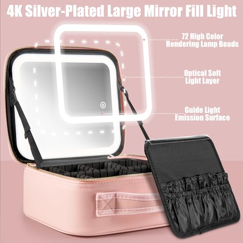 Estuche de viaje de maquillaje con espejo con luz LED, 3 bri
