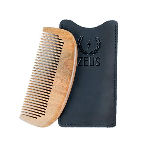Zeus Peine de barba de sándalo orgánico con funda de cuero
