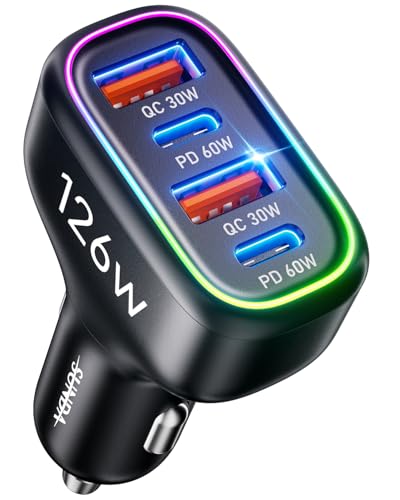 Cargador de coche USB C, 126 W [PD60W dual y QC30W] cargador