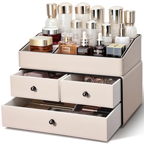 KINGFOM Organizador de maquillaje de cuero con 3 cajones, or