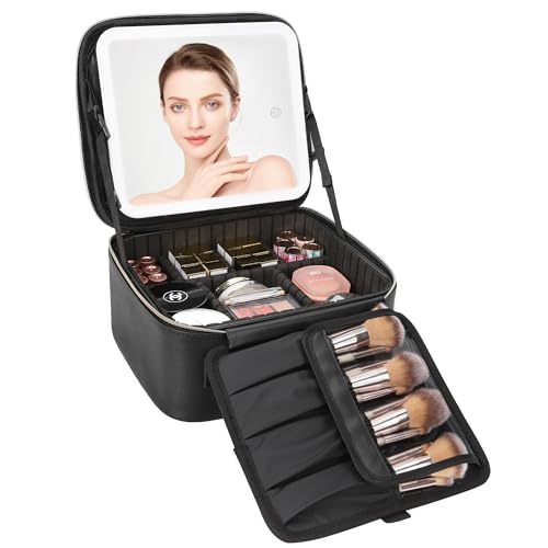 Relavel Bolsa de maquillaje de viaje con espejo LED, estuche