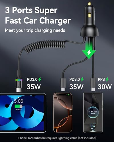 Rocoren 70W Car Charger for iPhone 16/15 Pro Max, USB C Car