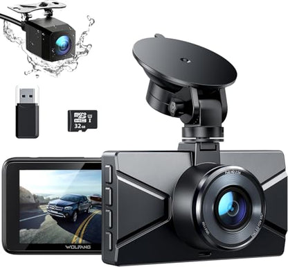 WOLFANG Dash Cam delantera y trasera 2.5K, cámara de salpica