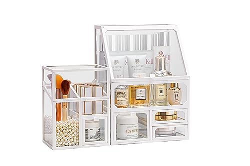MOOCHI Organizador de maquillaje blanco de 3 piezas, vidrio,