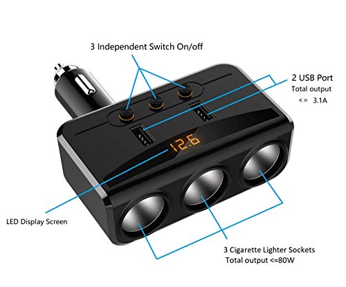 LIHAN Adaptador de encendedor de cigarrillos de 3 enchufes,