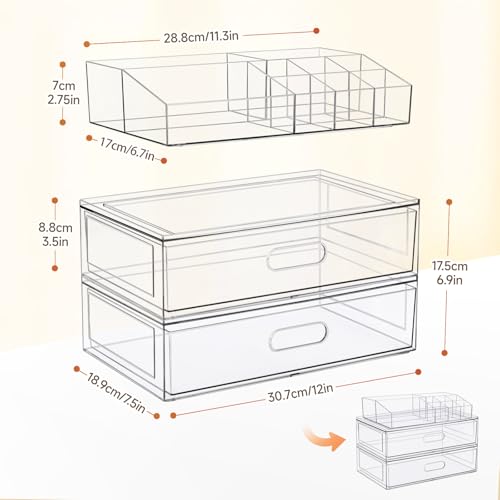 Organizador de maquillaje apilable transparente de 3 niveles