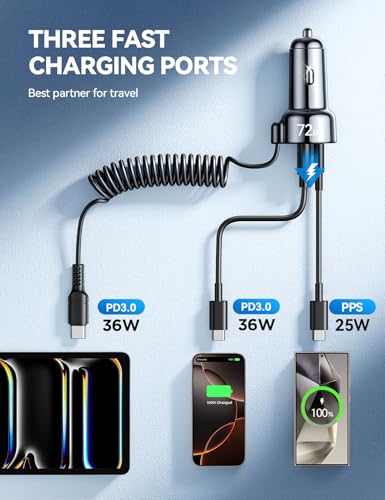 Cargador de coche USB C de 72 W para iPhone 16 Pro Max Plus,