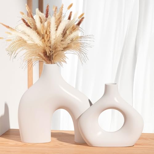 White Ceramic Vase Set of 2, Pampas Grass Vases for Home Dec