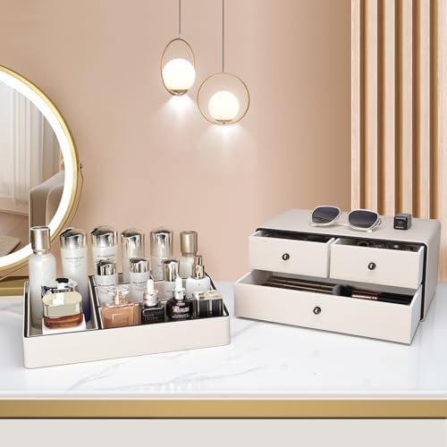KINGFOM Organizador de maquillaje de cuero con 3 cajones, or