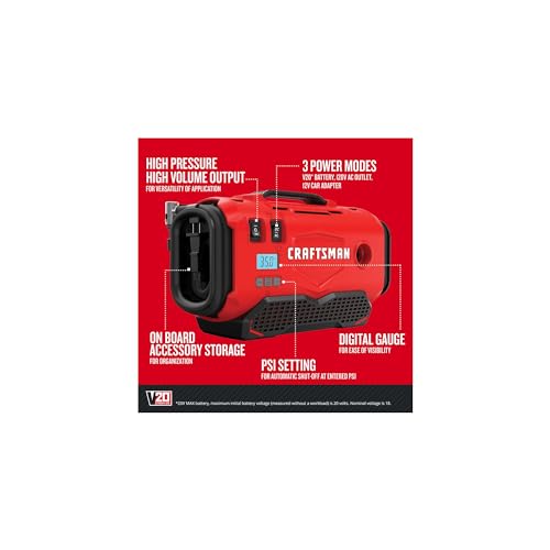 CRAFTSMAN Inflador de neumáticos V20, compresor de aire port