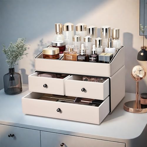 KINGFOM Organizador de maquillaje de cuero con 3 cajones, or