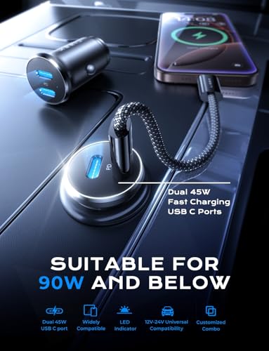 LISEN Cargador de coche USB C de 90 W, carga rápida, puerto