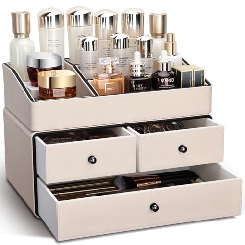 KINGFOM Organizador de maquillaje de cuero con 3 cajones, or