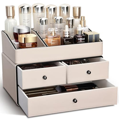 KINGFOM Organizador de maquillaje de cuero con 3 cajones, or