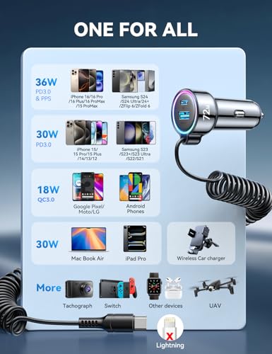 Cargador de coche USB C de 72 W para iPhone 16 Pro Max Plus,