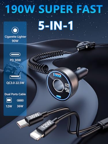 5 in 1 USB C Car Charger Adapter, 190W Multi USB Cigarette L
