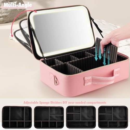 Bolsa de maquillaje de viaje grande con espejo y luz, Rosado