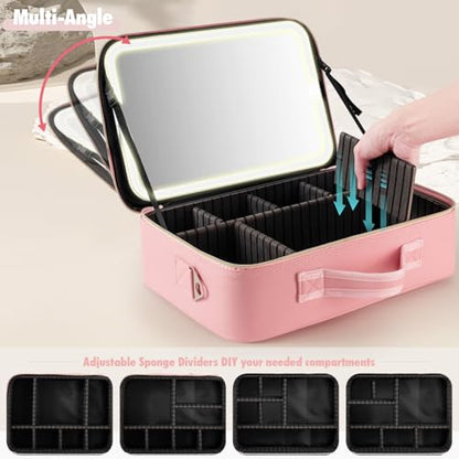 Bolsa de maquillaje de viaje grande con espejo y luz, Rosado