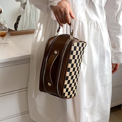 Vintage Makeup Bag for Women Portable Retro Checkered Patter