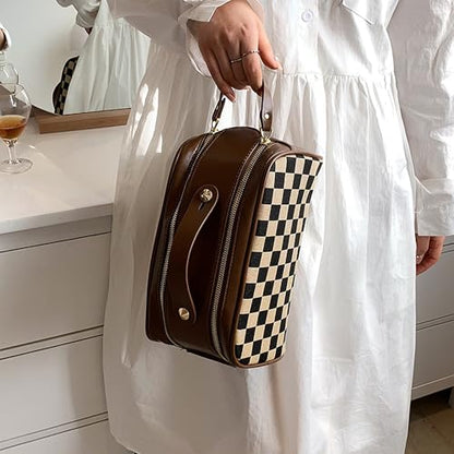 Vintage Makeup Bag for Women Portable Retro Checkered Patter