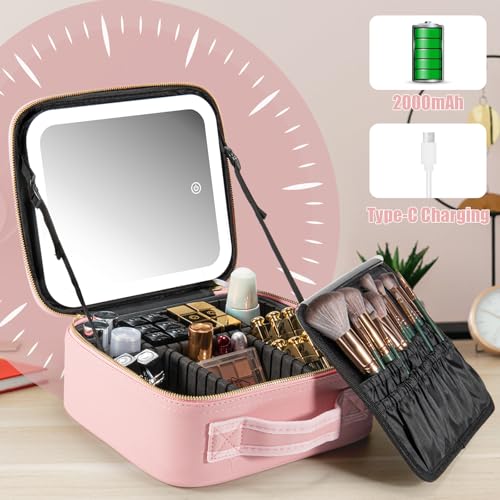 Estuche de viaje de maquillaje con espejo con luz LED, 3 bri