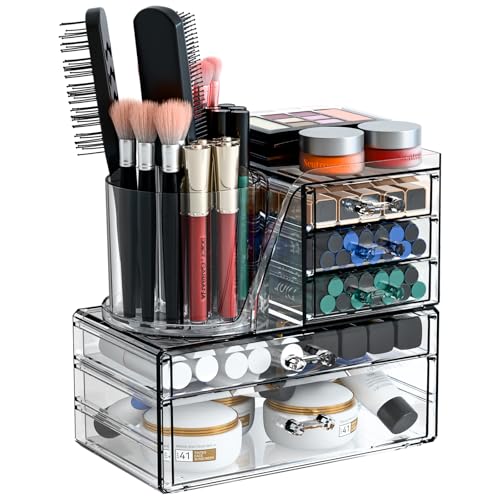 Organizador de maquillaje transparente con soporte giratorio