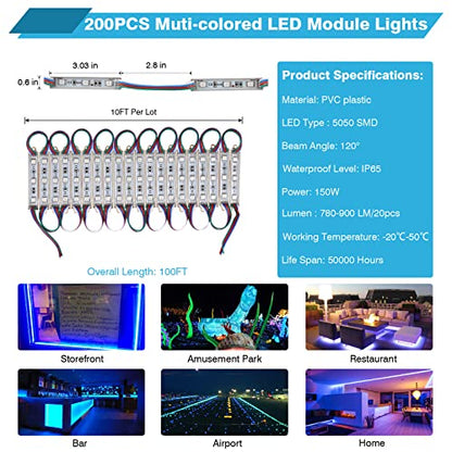 IRONWALLS Luces LED RGB para tiendas, 100 pies, 200 módulos