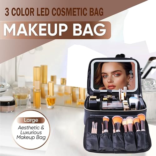 Estuche de viaje de maquillaje con espejo, luz LED, 3 nivele