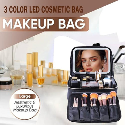 Estuche de viaje de maquillaje con espejo, luz LED, 3 nivele