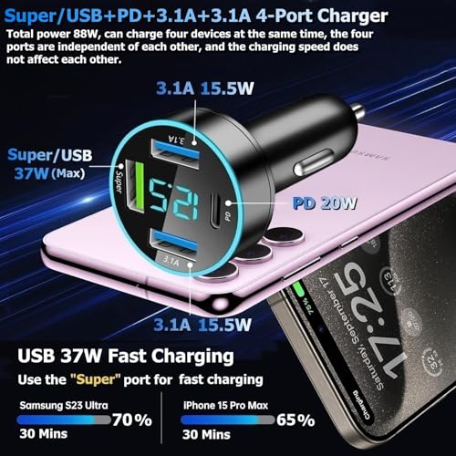 Cargador de coche de 72 W de carga súper rápida con USB PD&Q