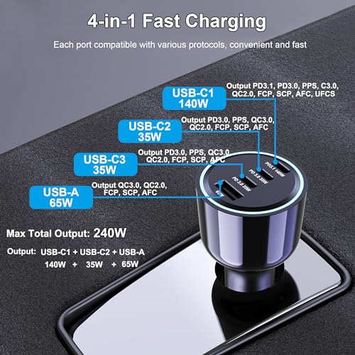 URVNS Cargador de coche USB C de 240 W, carga súper rápida d