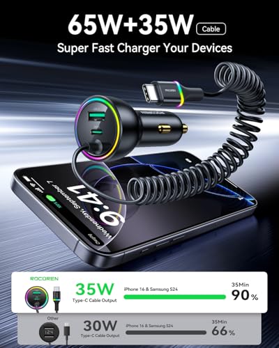 Rocoren 70W Car Charger for iPhone 16/15 Pro Max, USB C Car