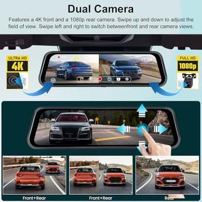 NHOPEEW Cámara de espejo retrovisor 4K de 9.66 pulgadas, pan