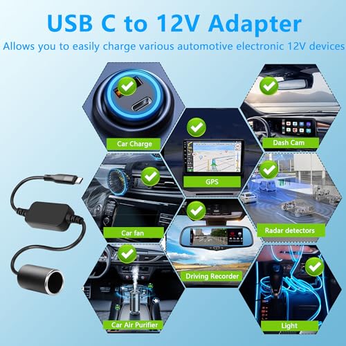 CERRXIAN 1ft USB C Male to 12V 18W Cigarette Lighter Socket