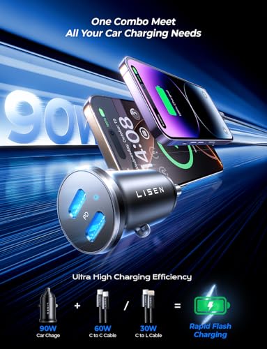 LISEN Cargador de coche USB C de 90 W, carga rápida, puerto