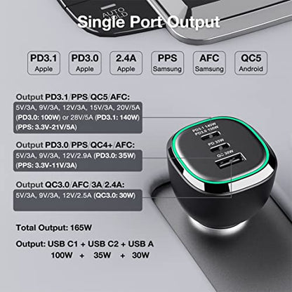 WOTOBEUS Cargador de coche súper rápido de 165 W, adaptador