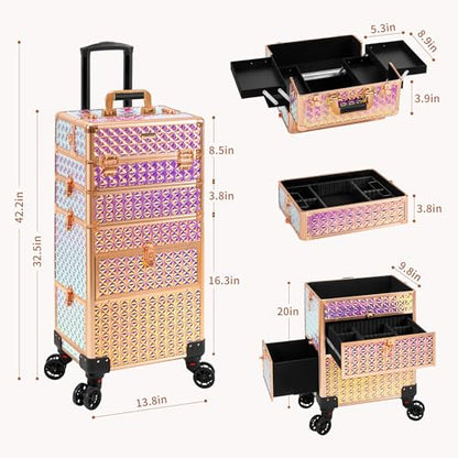 Estuche de maquillaje con ruedas 4 en 1 con cajones, carrito