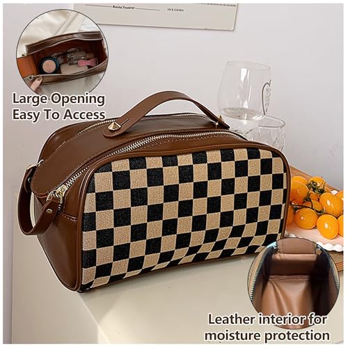 Vintage Makeup Bag for Women Portable Retro Checkered Patter