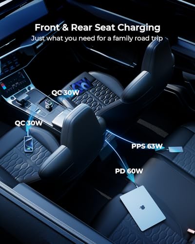 Cargador de coche USB C, 126 W [PD60W dual y QC30W] cargador