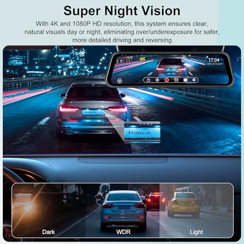 NHOPEEW Cámara de espejo retrovisor 4K de 9.66 pulgadas, pan