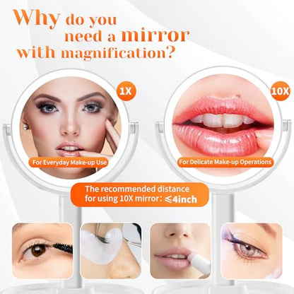 Espejo de maquillaje de tocador con luces, 10X/1X de doble c