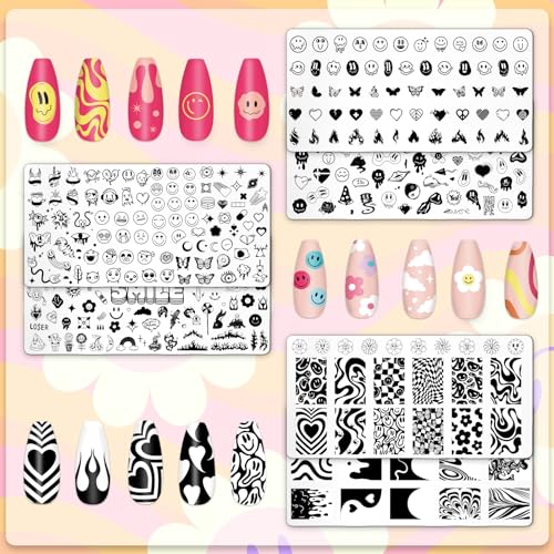 Whaline Juego de 6 placas de uñas de cara sonriente, diseño