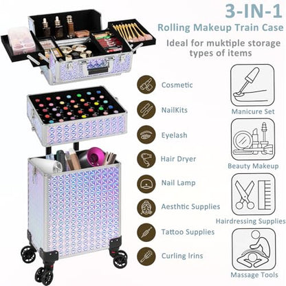 Estuche de tren de maquillaje rodante 3 en 1, carrito profes
