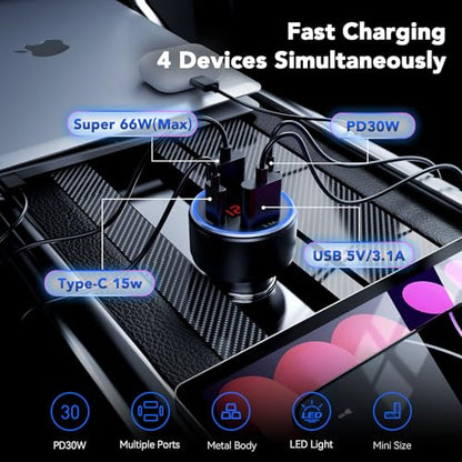 AGKMT01 - Adaptador de cargador de coche USB C, 78 W, 4 puer