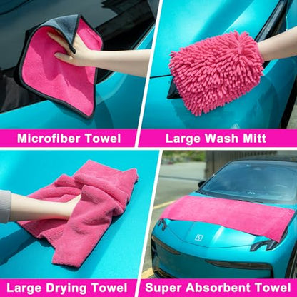 Kit de limpieza de coche de 28 piezas, color rosa, cepillo d
