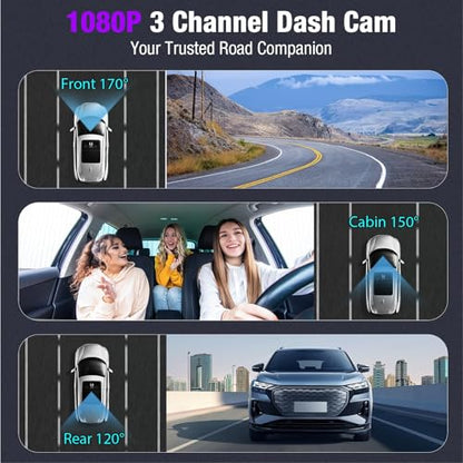 Cámara de tablero de triple lente 4K con tarjeta de 128 GB,