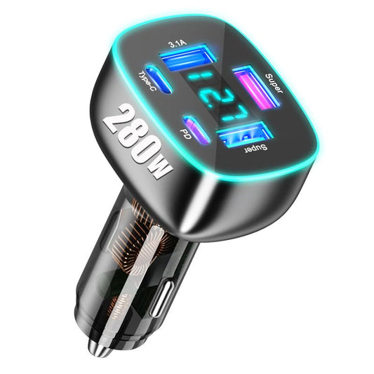 Cargador de teléfono de coche USB C de 5 puertos con pantall