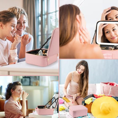 Estuche de viaje de maquillaje con espejo con luz LED, 3 bri
